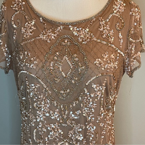 Pisarro Nights Beaded Mesh Midi Cocktail Dress Nude - Picture 3 of 9